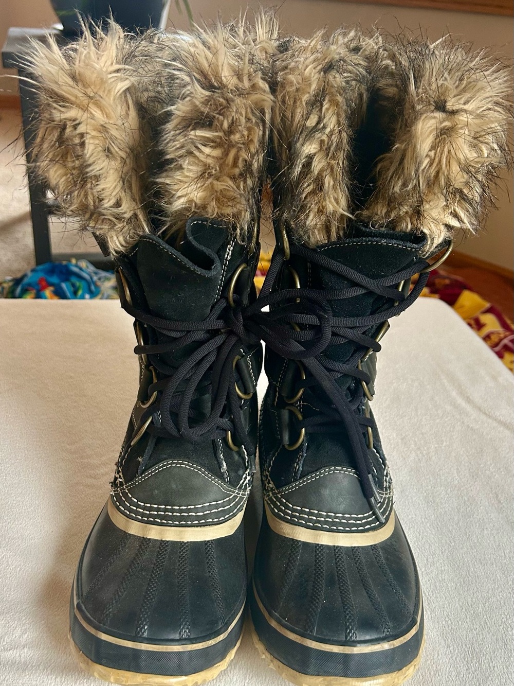 Sorel Joan of Arc Black Waterproof Suede Winter Boots with Tan Faux-Fur Trim